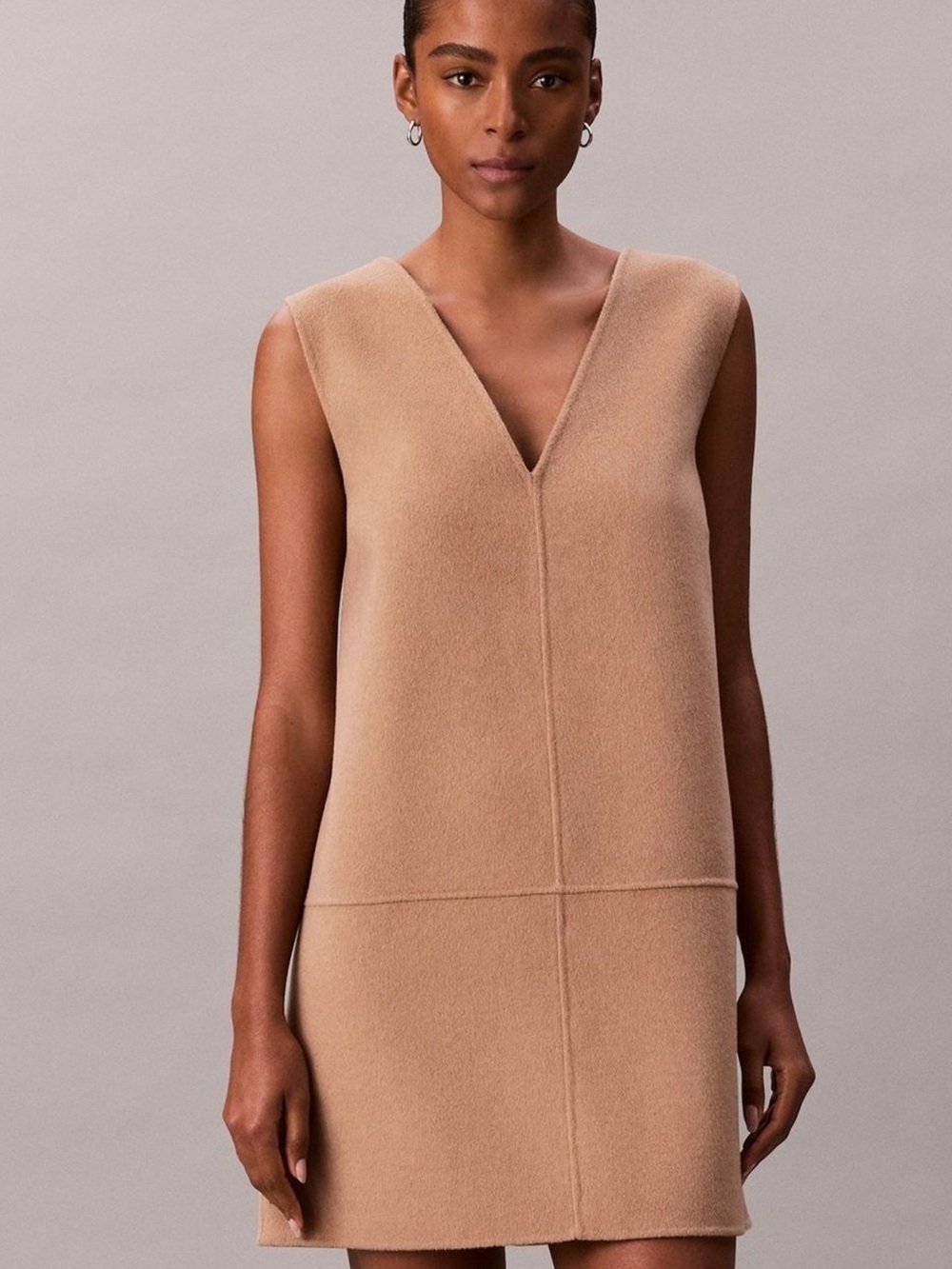 Calvin Klein Sleeveless V-Neck Shift Dress in Taupe